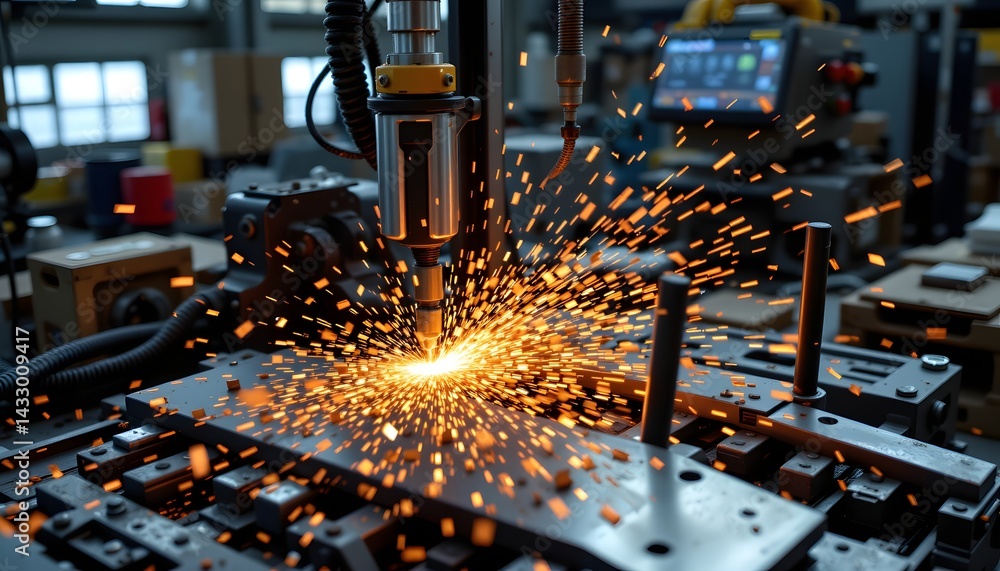 Poster high-speed cnc machine in action producing metal shavings while cutting through material