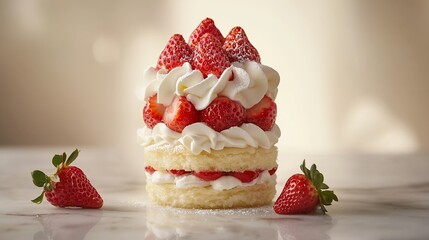 Delicate strawberry shortcake dessert adorned with fresh whipped cream and berries
