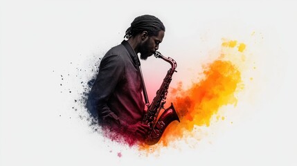 18. Watercolor portrait of a jazz musician playing a saxophone, blending into a melody of colors on an absolutely white background.