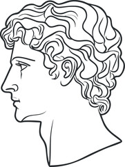 Line art drawing of a classical male profile head with curly hair in black and white style