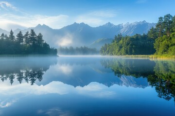 Fototapeta premium Calm The Waters. Tranquil Lake Matheson Landscape with Majestic Mountain Views