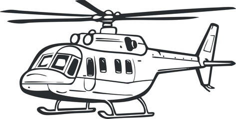 Black and white line drawing of a helicopter aircraft with rotor blades and cockpit for aviation transport © vadymstock
