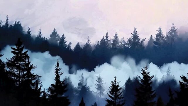 Clouds and fog painted over pine tree forest misty landscape dreamy woodland foggy atmosphere nature scenery artistic background