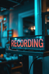 Illuminated Recording Sign in Cool Tones with Urban Backdrop and Dramatic Lighting