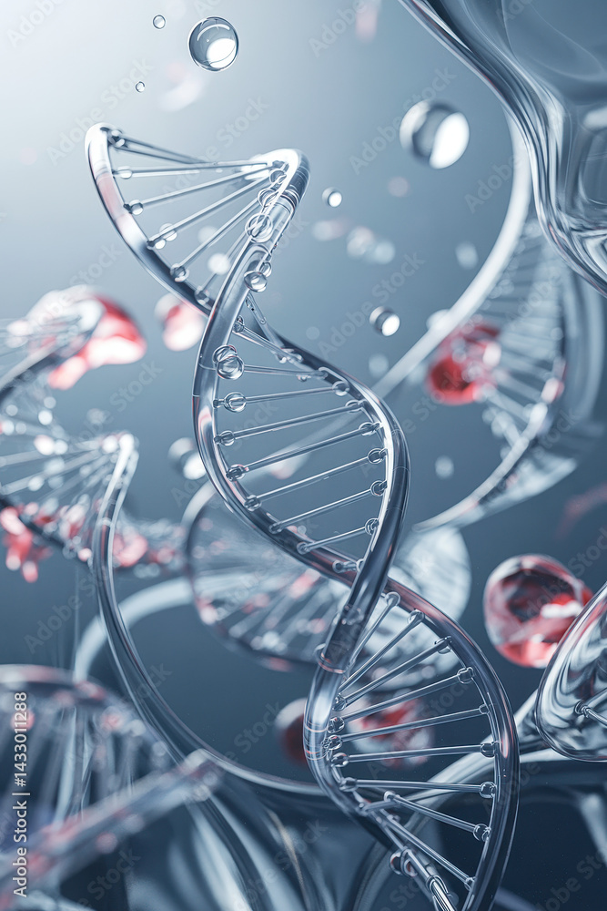 Poster intricate 3d representation of dna helix surrounded by floating microscopic elements in cool blue to