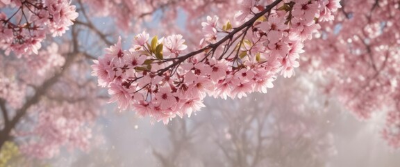 Obraz premium Soft pink sakura petals descend slowly, blurring into a springtime bokeh , aesthetic, cherry blossom