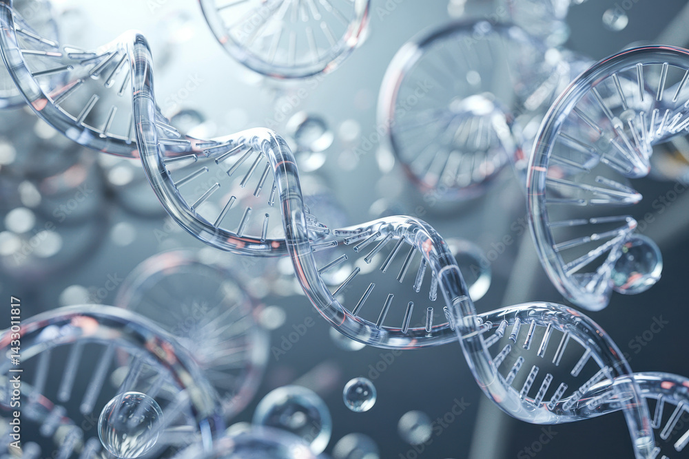 Poster intricate 3d rendering of clear dna helix with floating bubbles in a scientific atmosphere