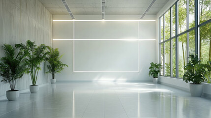Fototapeta premium bright and modern interior space featuring large windows, natural light, and decorative plants pots. minimalist design emphasizes clean lines and serene atmosphere, perfect for relaxation