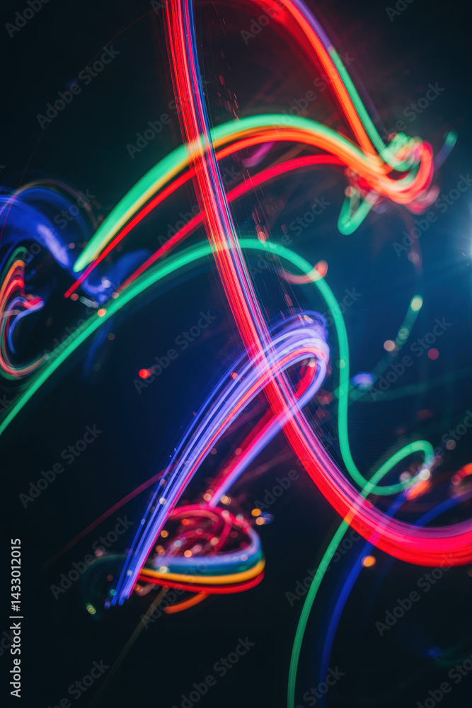 Poster dynamic light trails in vibrant neon colors creating an abstract illusion