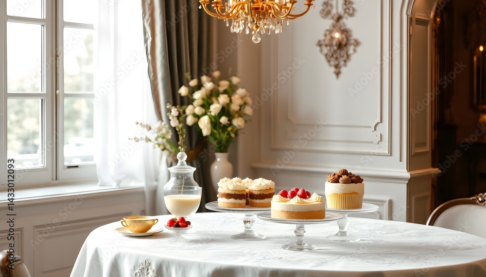 Poster elegant dessert table display featuring various treats with copy space for creative use