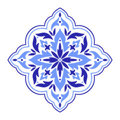 Mediterranean blue floral motif on white background. Traditional ethnic Portuguese, Moroccan, Spanish ornament, mosaic design. Vector illustration