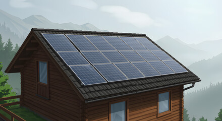Fototapeta premium Mountain Cabin with Solar Panels: A Serene Illustration