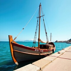 Weathered wooden sailing boat docked at worn stone pier, ocean, weathered, dock
