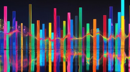 Vibrant spectrum: colorful bars reflect in dark water, traversed by a musical note wave, illustrating auditory visualization.