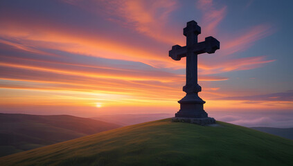 A majestic dark cross stands solo atop a rolling hill, beautiful evening sunset scene