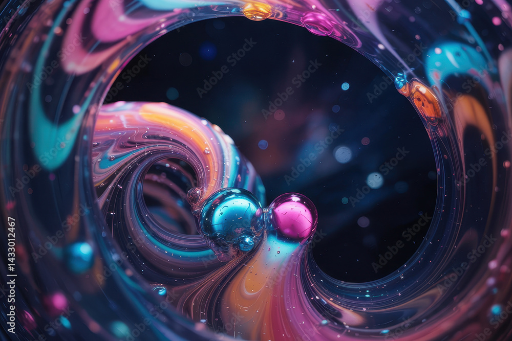 Aufkleber dynamic swirls of colorful liquid vortex with bright bubbles in a mystical space