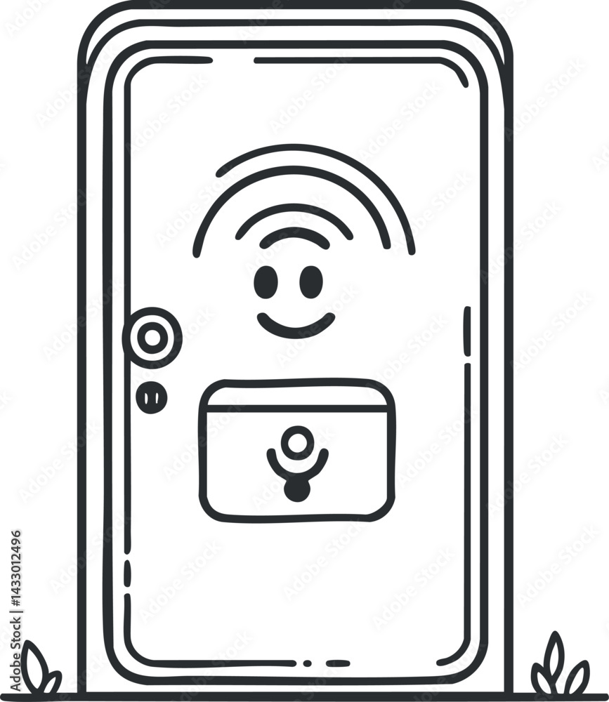 Poster outline icon of a smart door with wifi signal symbol and lock showing home technology and security