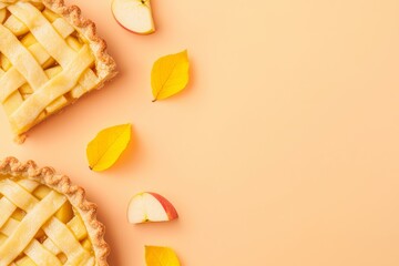 Slices of Fresh Apple Pie with Golden Crust and Whole Apples on Bright Yellow Background