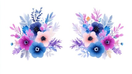 A vibrant floral arrangement with blue and purple flowers, delicate leaves and buds, symmetrical composition on white background, and artistic design.