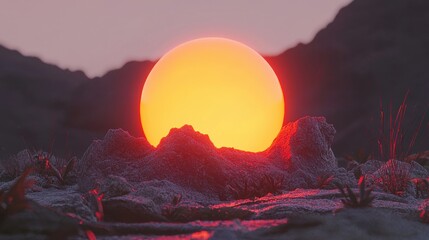 A fiery orange sun sets over a rugged, rocky landscape.