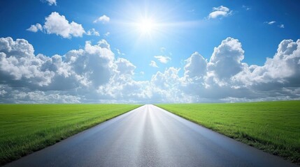 Open road stretching into a bright, sunny sky. Lush green fields flank the asphalt pathway