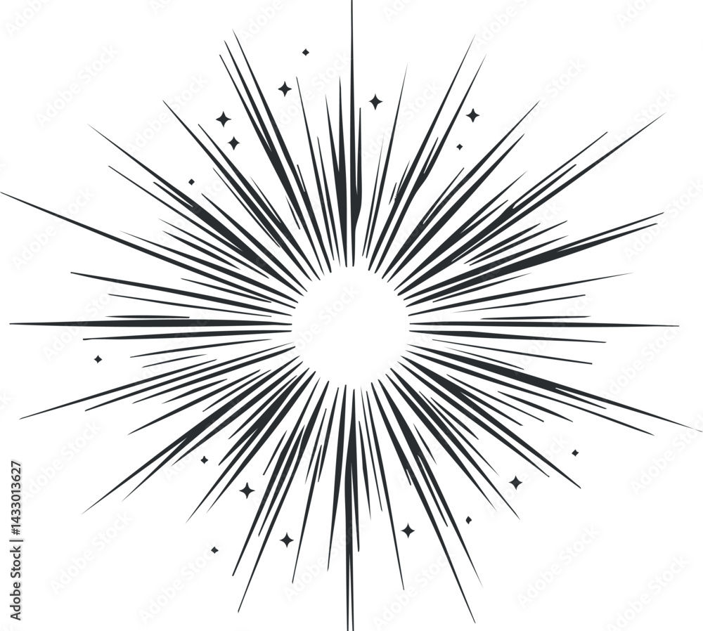 Poster black and white starburst vector design with radiating lines and sparkling decorative elements