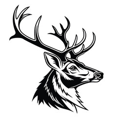 Black and White Stag Head with Detailed Antlers Isolated on White