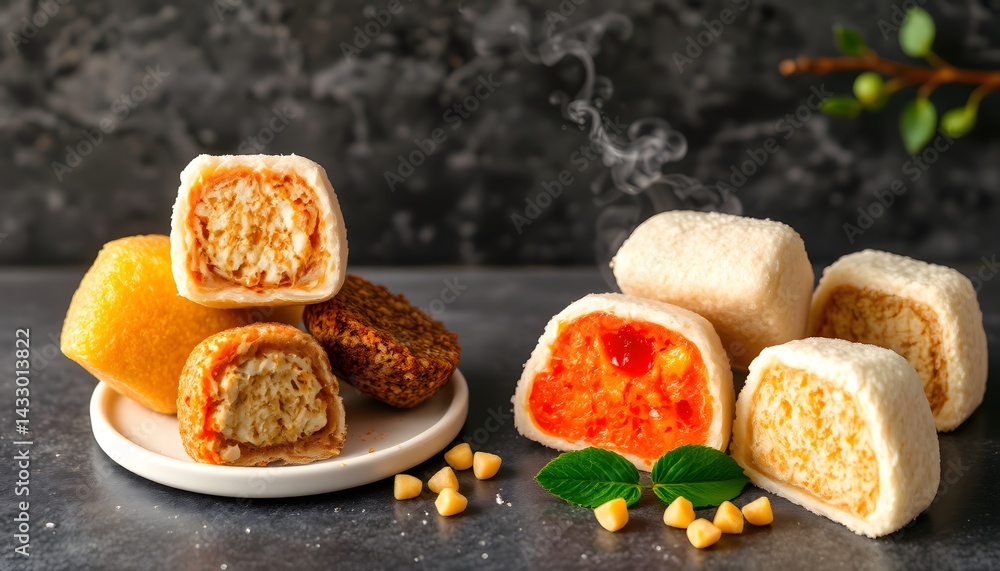 Poster plate of flavorful mochi varieties with assorted colors on display ready for tasting