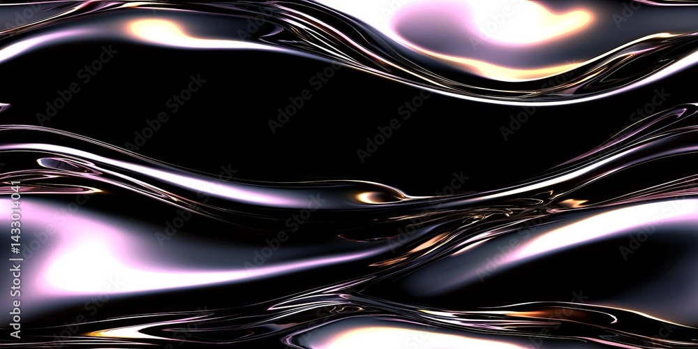 Poster fluid metallic waves create an abstract, mesmerizing display of light and movement with a sleek, dar