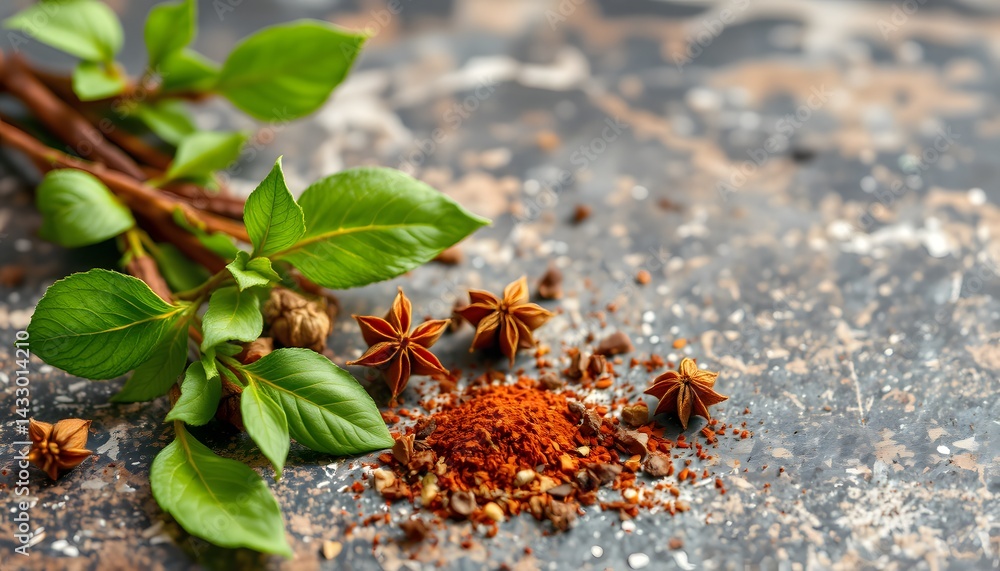 Poster a colorful array of spices and herbs arranged on a table with copy space for text