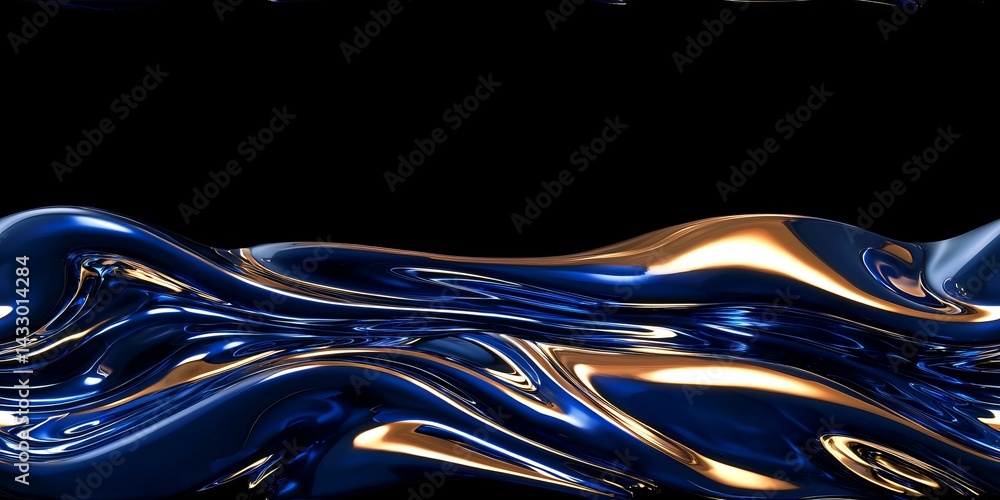 Poster reflective waves of blue and gold create an abstract visual experience in a dark background setting
