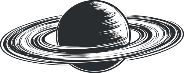 Black and white illustration of a ringed planet resembling Saturn with detailed planetary rings and shading. © vadymstock
