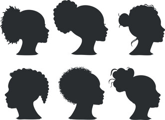 Silhouettes of six female profiles with various natural hairstyles and hair textures isolated on white background