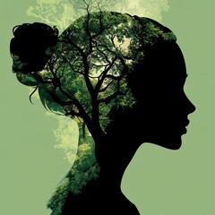 Cartoon Silhouette. Woman's Green Abstract Portrait in Fashionable Beauty