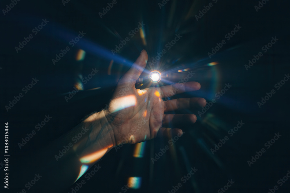 Poster illuminated hand reaching out with light rays creating a mystical atmosphere