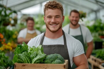 Smiling Young Farmer Holding Crate of Fresh Organic Greens Inside Greenhouse Vegetable Farm