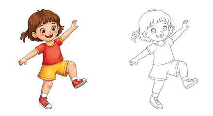 Joyful Jump: A young girl, animated in style, leaps into action. This illustration captures the essence of childhood fun and activity, perfect for projects.