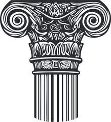 Black and white illustration of an ornate Ionic column capital with spiral volutes and detailed carvings