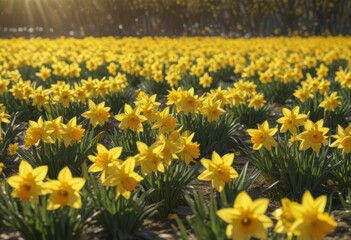 Fototapeta premium Sunlit field of vibrant yellow daffodils, petals glistening , daffodils, daffodil field