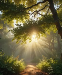 Sun's rays illuminate vibrant leaves, creating ethereal glow in leafy branches,  summer,  leaves,  green