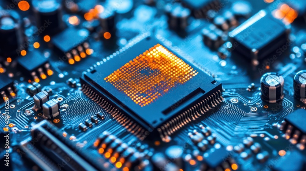 Poster microchip on circuit board with glowing light design for technology background