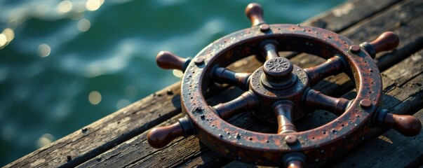 Obraz premium Old anchor and rope wrapped around metal nautical wheel, anchor rope, nautical, rope