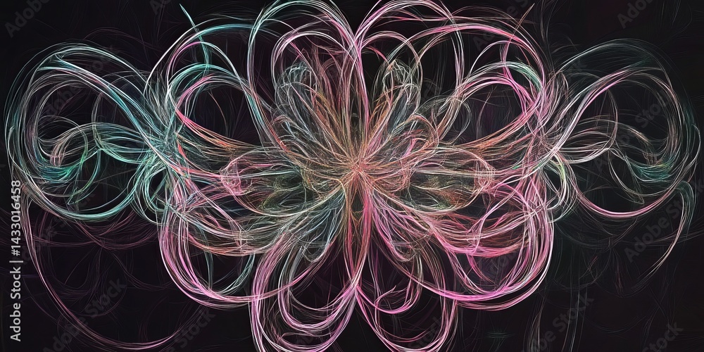 Poster Abstract colorful design with swirling patterns and intricate lines on a dark background created using digital art techniques