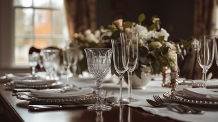 NATIONAL ETIQUETTE WEEK. A sophisticated dinner setting with perfect place settings, polished silverware, crystal glasses, and fresh flowers. 