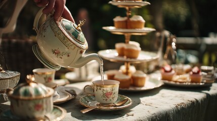NATIONAL ETIQUETTE WEEK. Elegant afternoon tea service with proper pouring technique being demonstrated, vintage china, tiered cake stand, in a sunlit garden setting.