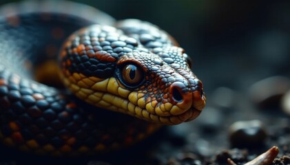 Fototapeta premium Snake's head with piercing gaze through narrow slit eyes, animal, blue viper