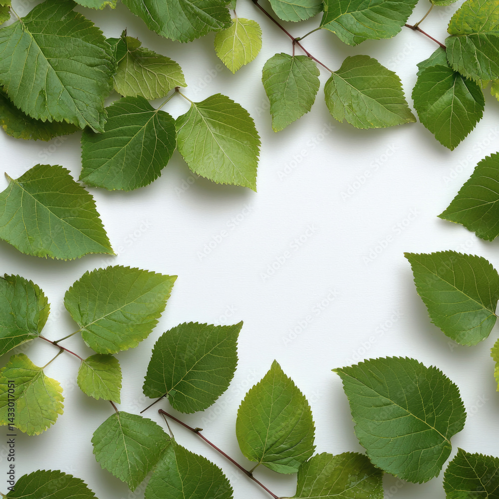 Poster fresh green leaves create vibrant and natural frame, showcasing various shades of green and textures