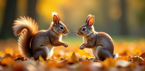 Fototapeta premium Squirrels and rabbits enjoying each other's company in autumn park, animals, rabbits, nature