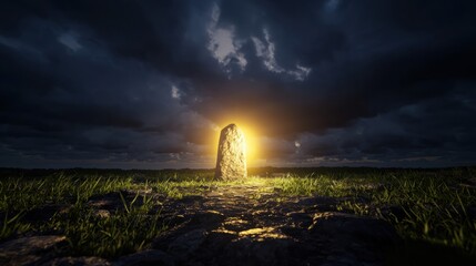 A mysterious stone pillar stands in a field, illuminated by a bright light source, with a dramatic sky in the background.