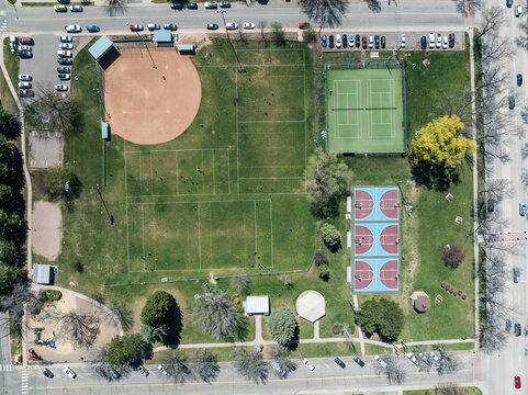 Fototapeta Aerial view of sports fields in a small mountain town in USA. Glenwood Springs, Colorado